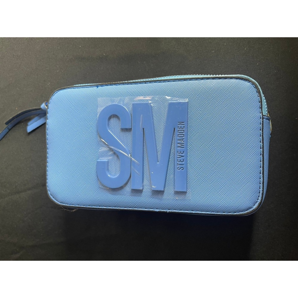 Steve Madden Blue Saffiano Crossbody Camera Bag with Chevron Strap & Coin Pouch